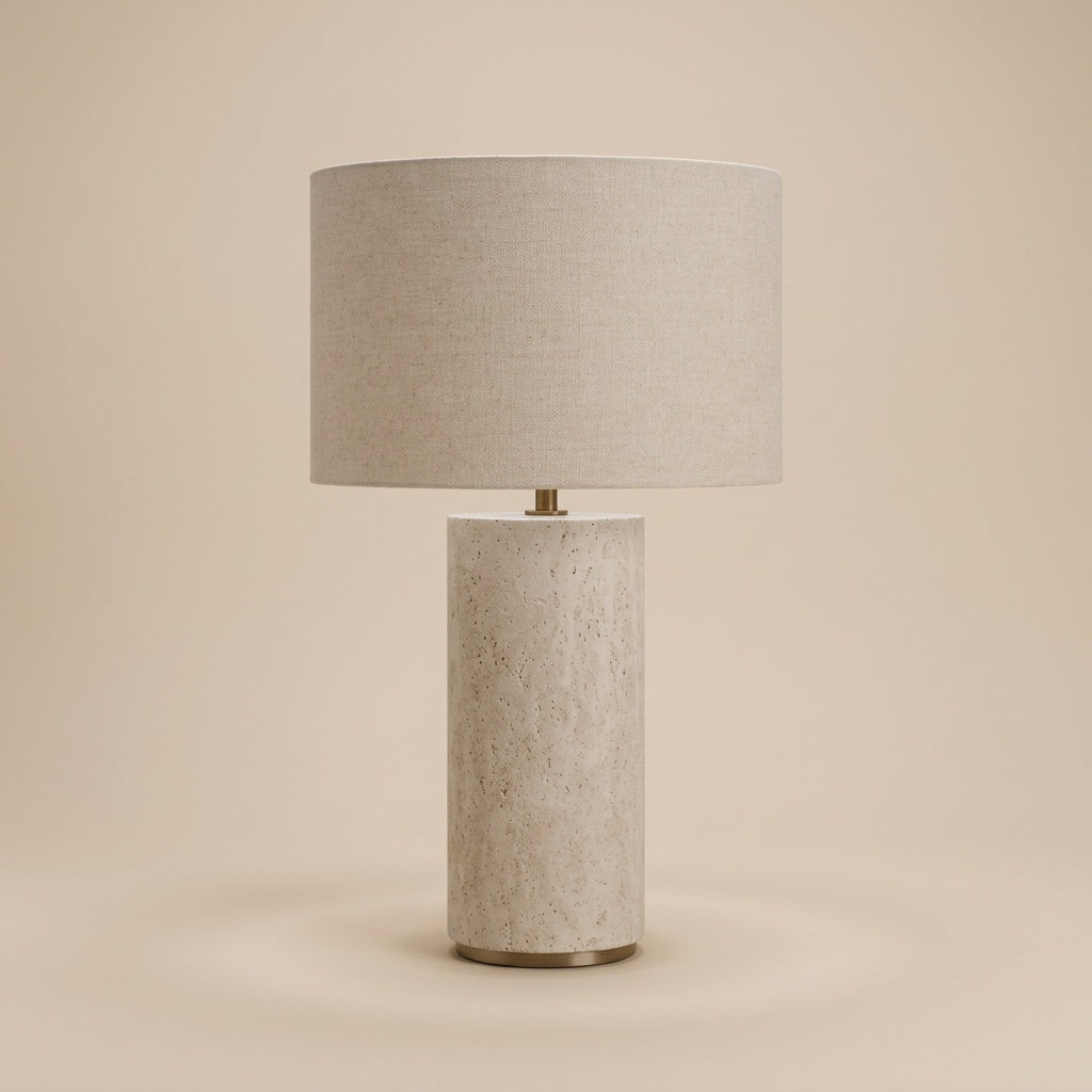 Cortona Travertine Table Lamp — cylinder style, front view