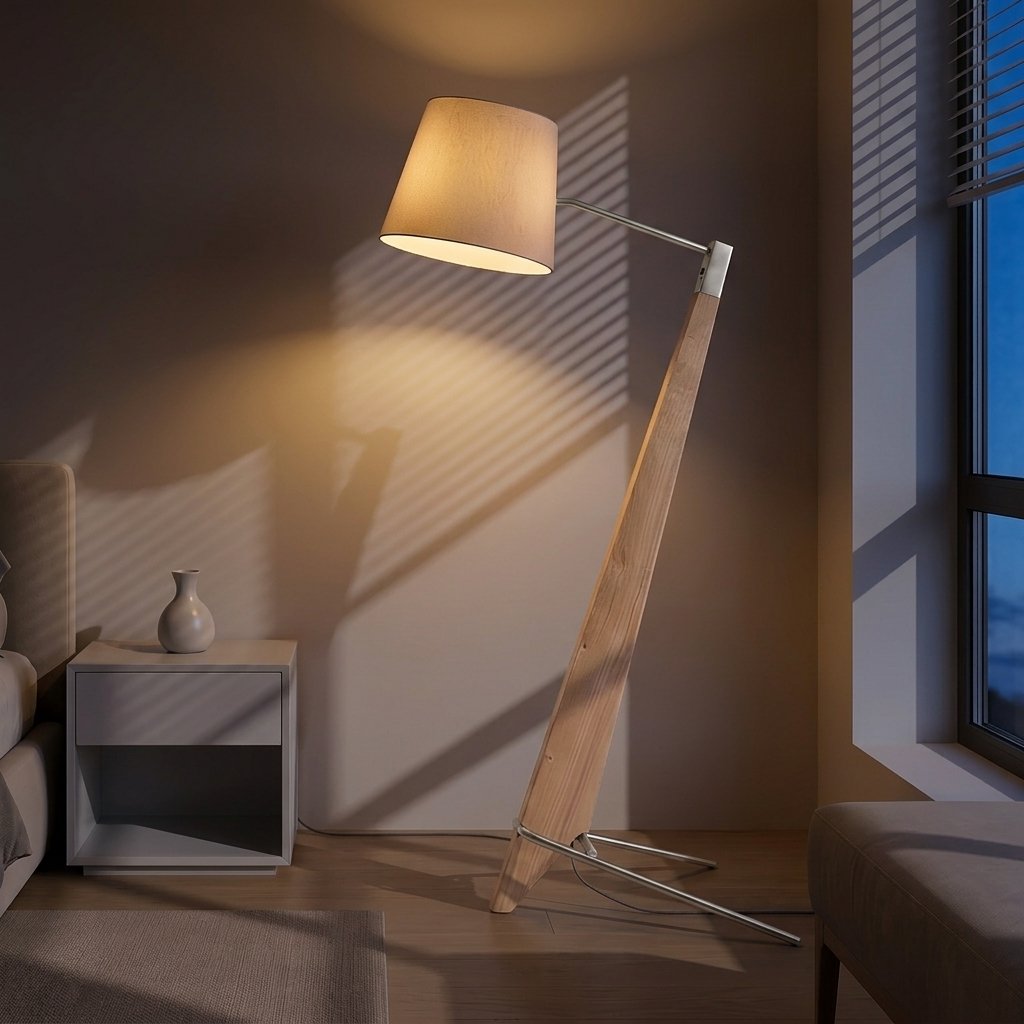 Timber Tilt Floor Lamp — evening window room in light oak