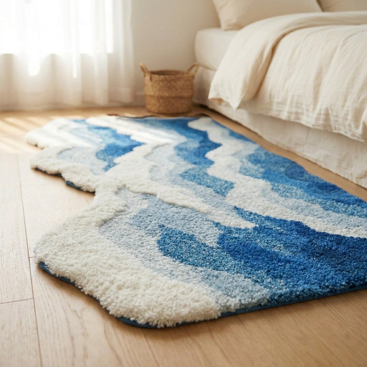 Oceanique Ocean Wave Area Rug — bedside on light oak floor with ivory linen