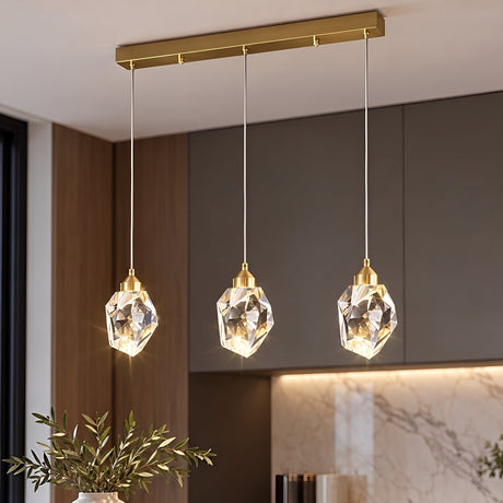 Facet Brass Crystal Pendant — rectangle 3-light kitchen lifestyle 2