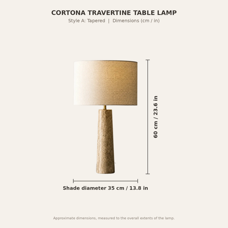 Cortona Travertine Table Lamp — dimensions, tapered style (Style A)