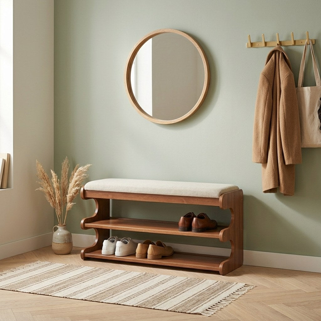 Marlow Flip-Top Shoe Bench — closed seat in a bright entryway with brass mirror and hooks