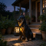Guardian Dog Lantern Statue — German Shepherd on a front porch at dusk