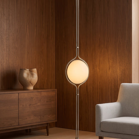 Chrome Globe Column Lamp — walnut-panelled living room with console