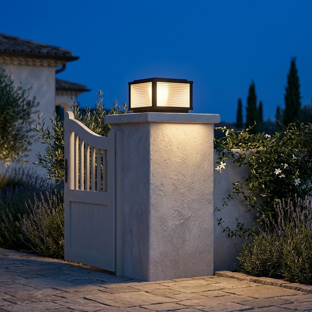 Sillar Ribbed Pillar Light — 19.7'' lit at dusk