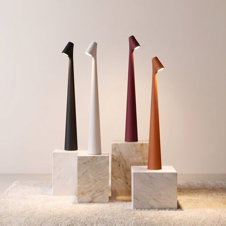 Spire Cone Table Lamp — all four colors on pedestals