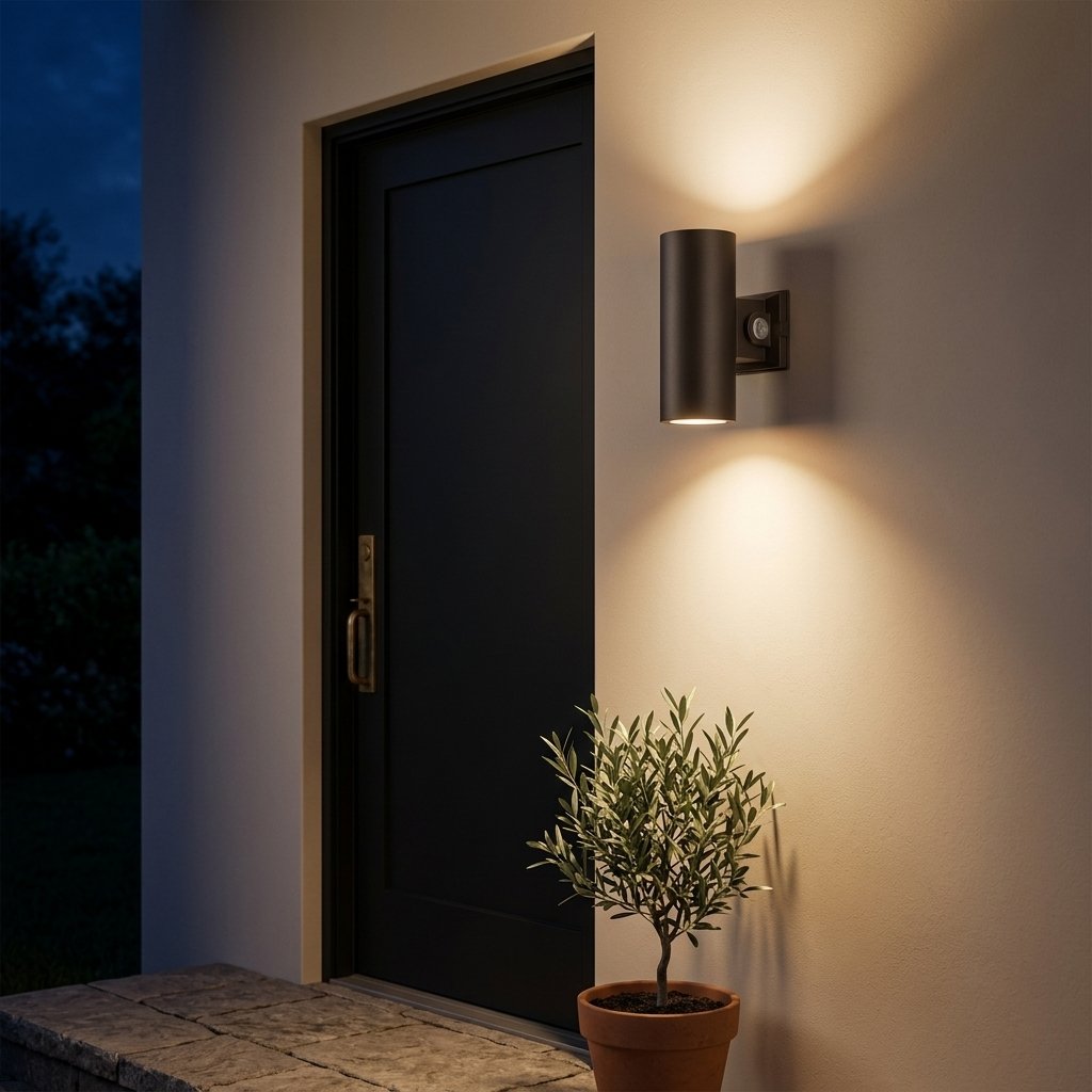 Bastion Cylinder Wall Light — entrance at night
