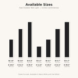 Slab Outdoor Wall Light size chart showing all 7 sizes in inches and centimeters