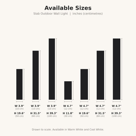 Slab Outdoor Wall Light size chart showing all 7 sizes in inches and centimeters