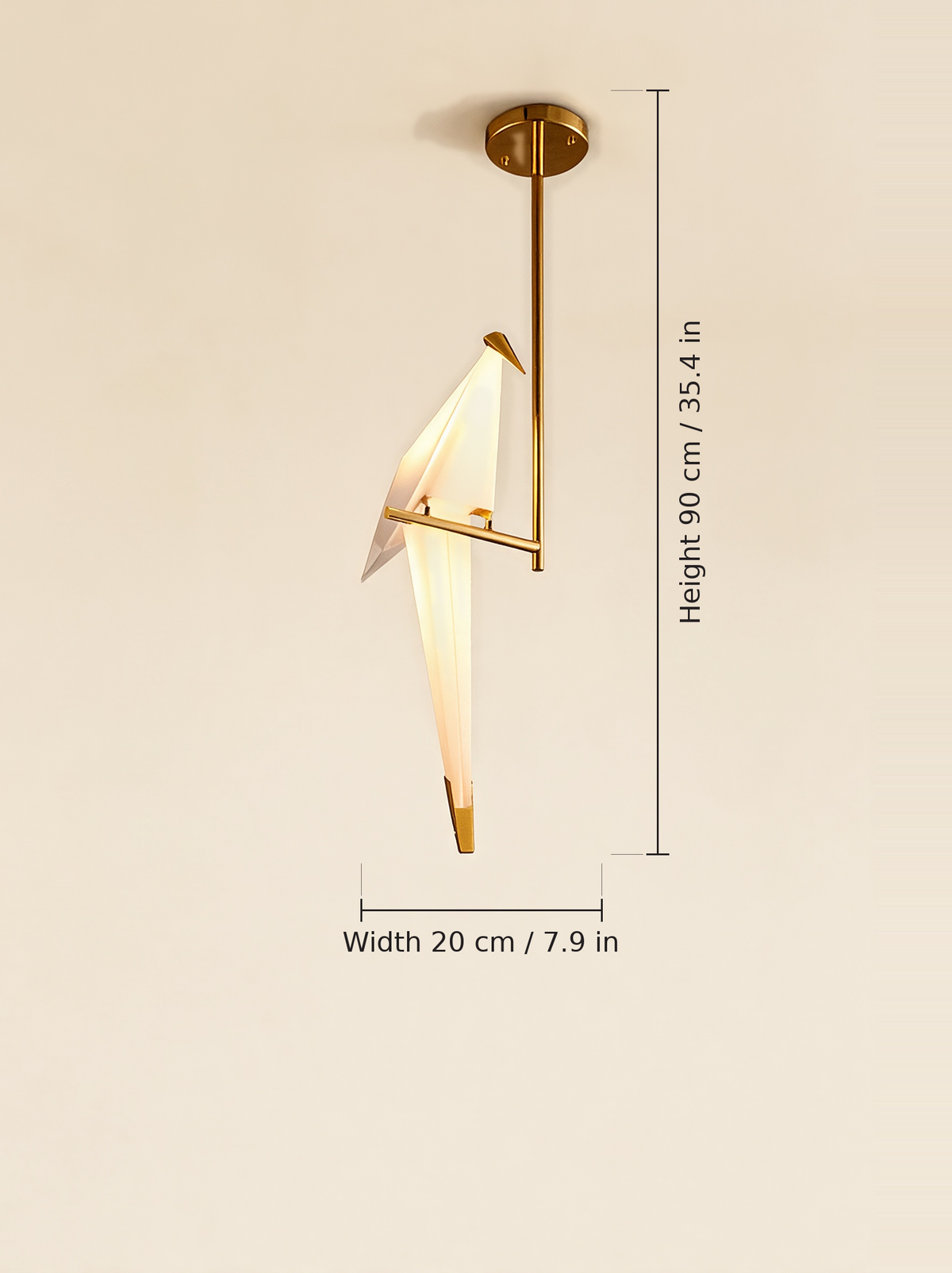 Origami Crane Accent Light — single-head long rod pendant dimensions