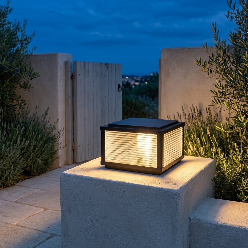 Sillar Ribbed Pillar Light — 9.8'' lit at dusk
