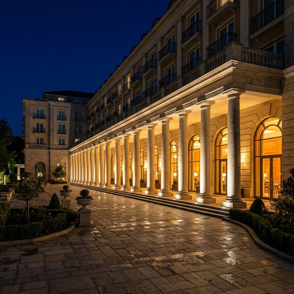Aperture Beam Spotlight — hotel colonnade at night with golden beams on every pillar