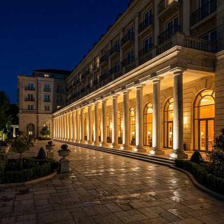 Aperture Beam Spotlight — hotel colonnade at night with golden beams on every pillar