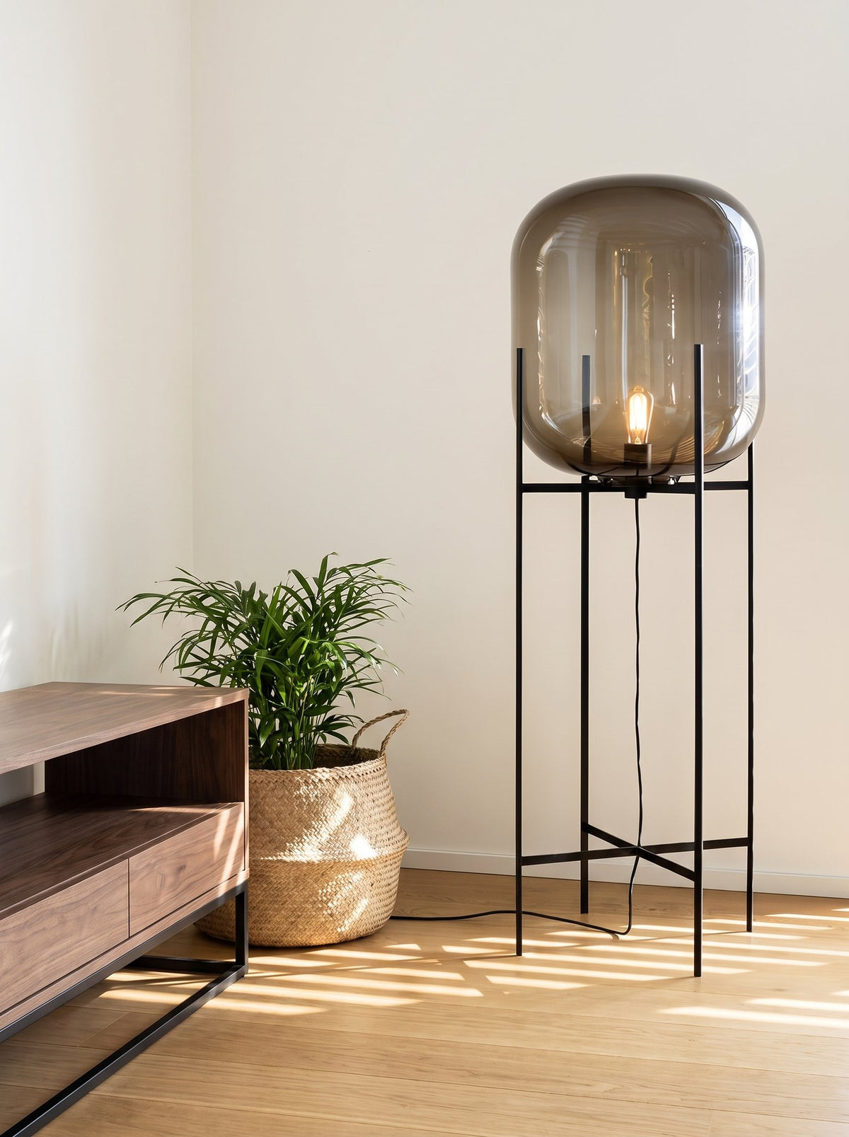 Nimbus Glass Floor Lamp — Smoke Gray lifestyle, media console