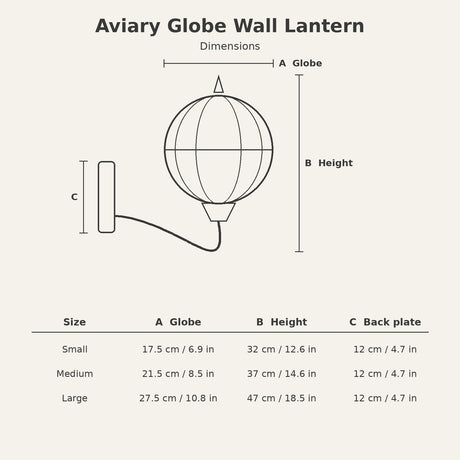 Aviary Globe Wall Lantern — dimensions for Small, Medium and Large
