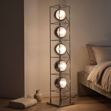 Orbit Bauhaus Floor Lamp — Silver lit in bedroom at dusk