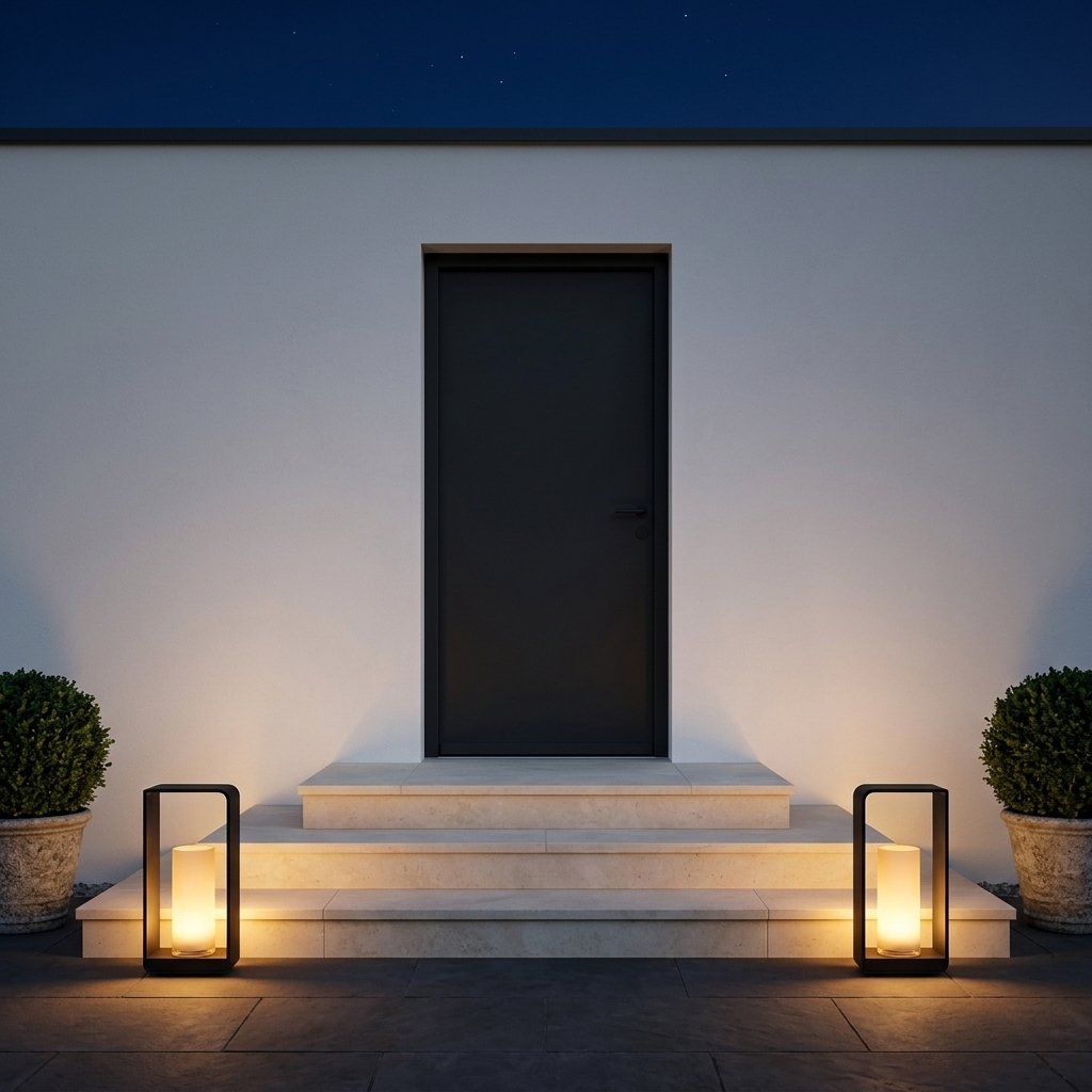 Meadow Solar Lawn Light — beside entrance steps at night