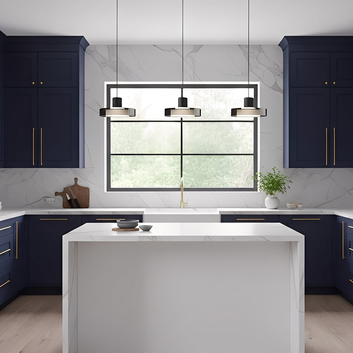 Puck Glass Pendant — smoky gray glass in a navy kitchen