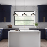 Puck Glass Pendant — smoky gray glass in a navy kitchen