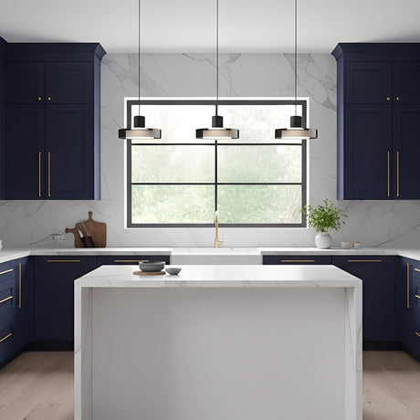 Puck Glass Pendant — smoky gray glass in a navy kitchen
