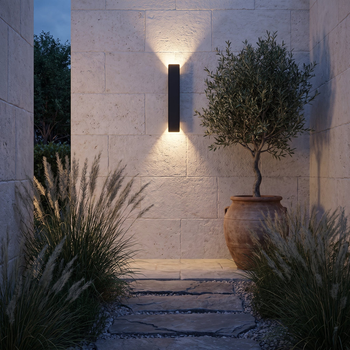 Meridian Outdoor Wall Sconce — lifestyle, garden pathway