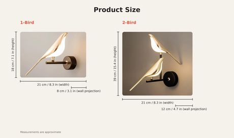 Perched Bird Wall Sconce — dimensions, 1-Bird and 2-Bird