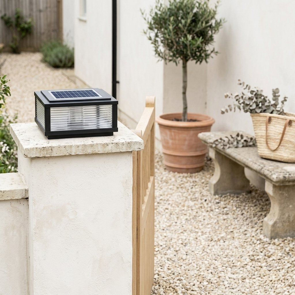 Sillar Ribbed Pillar Light — daytime courtyard