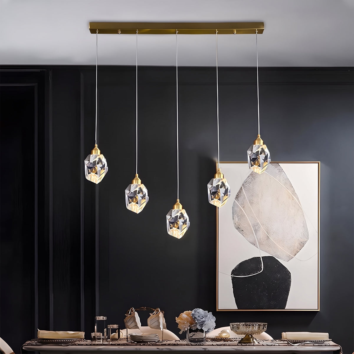 Facet Brass Crystal Pendant — rectangle 5-light dining lifestyle