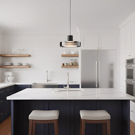 Puck Glass Pendant — smoky gray glass above a kitchen island