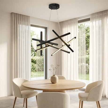 Tangent Bar Chandelier — over a round dining table in daylight