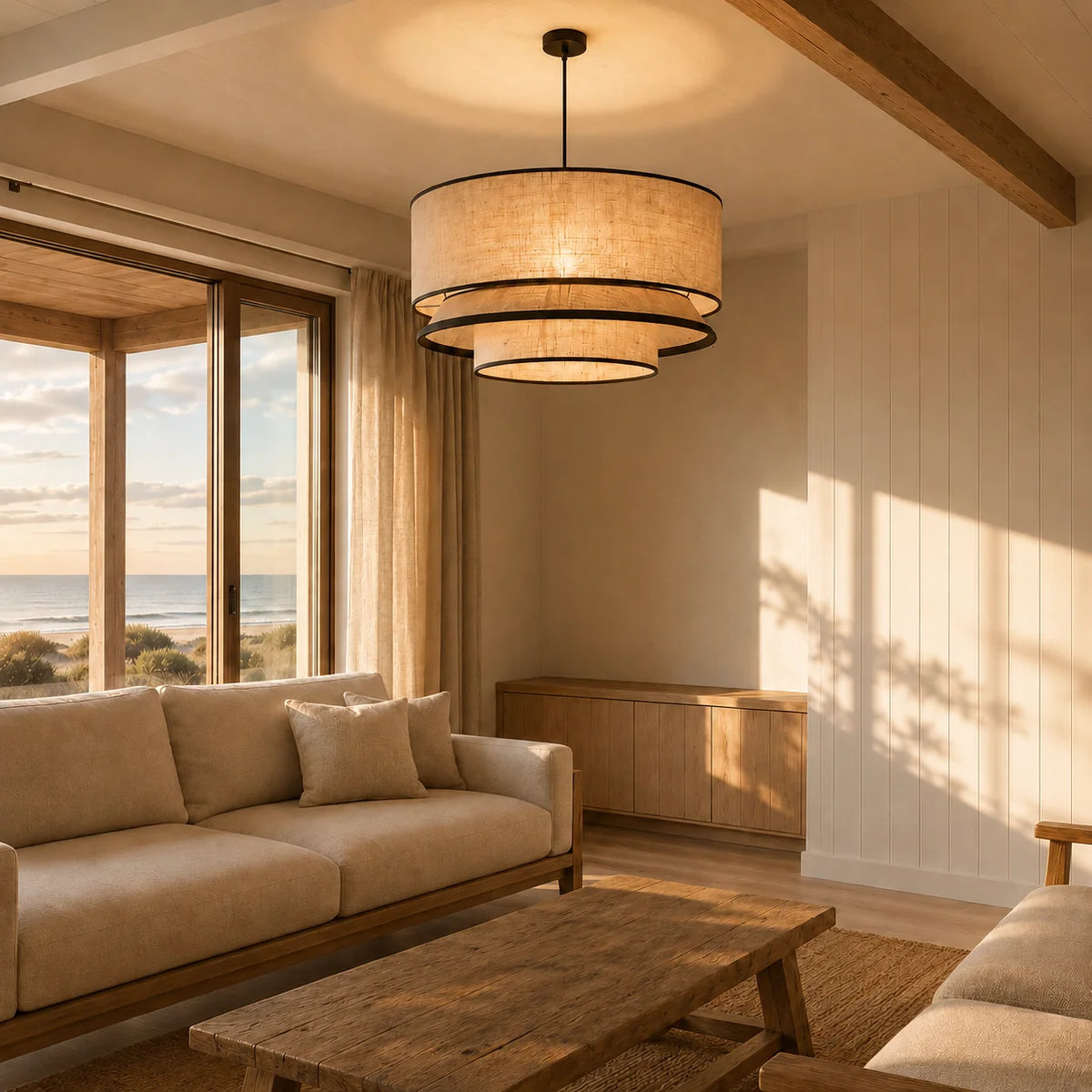 Sable tiered fabric pendant hanging in a coastal living room at golden hour