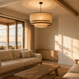 Sable tiered fabric pendant hanging in a coastal living room at golden hour