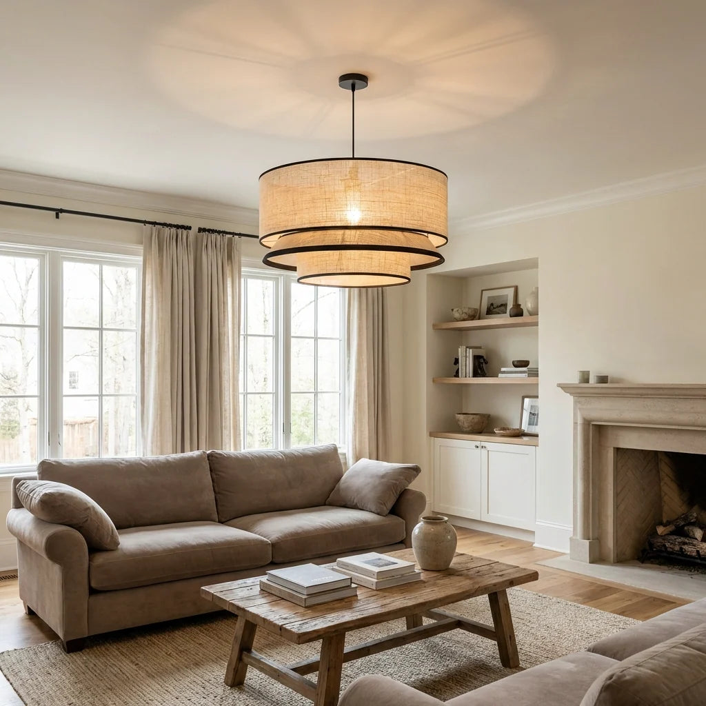 Sable tiered fabric pendant above a living room seating area with fireplace