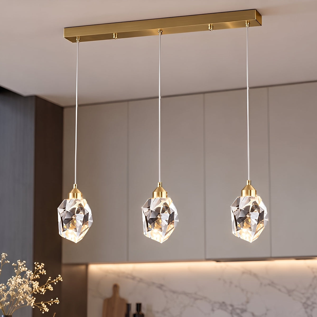 Facet Brass Crystal Pendant — rectangle 3-light kitchen lifestyle
