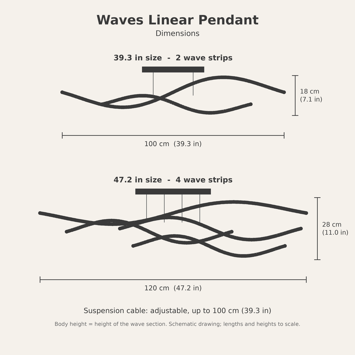 Waves Linear Pendant — dimensions diagram
