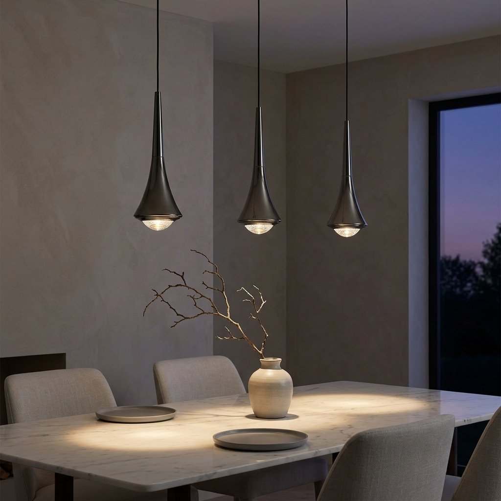Teardrop Mini Pendant — Black pendants over a marble dining table at dusk