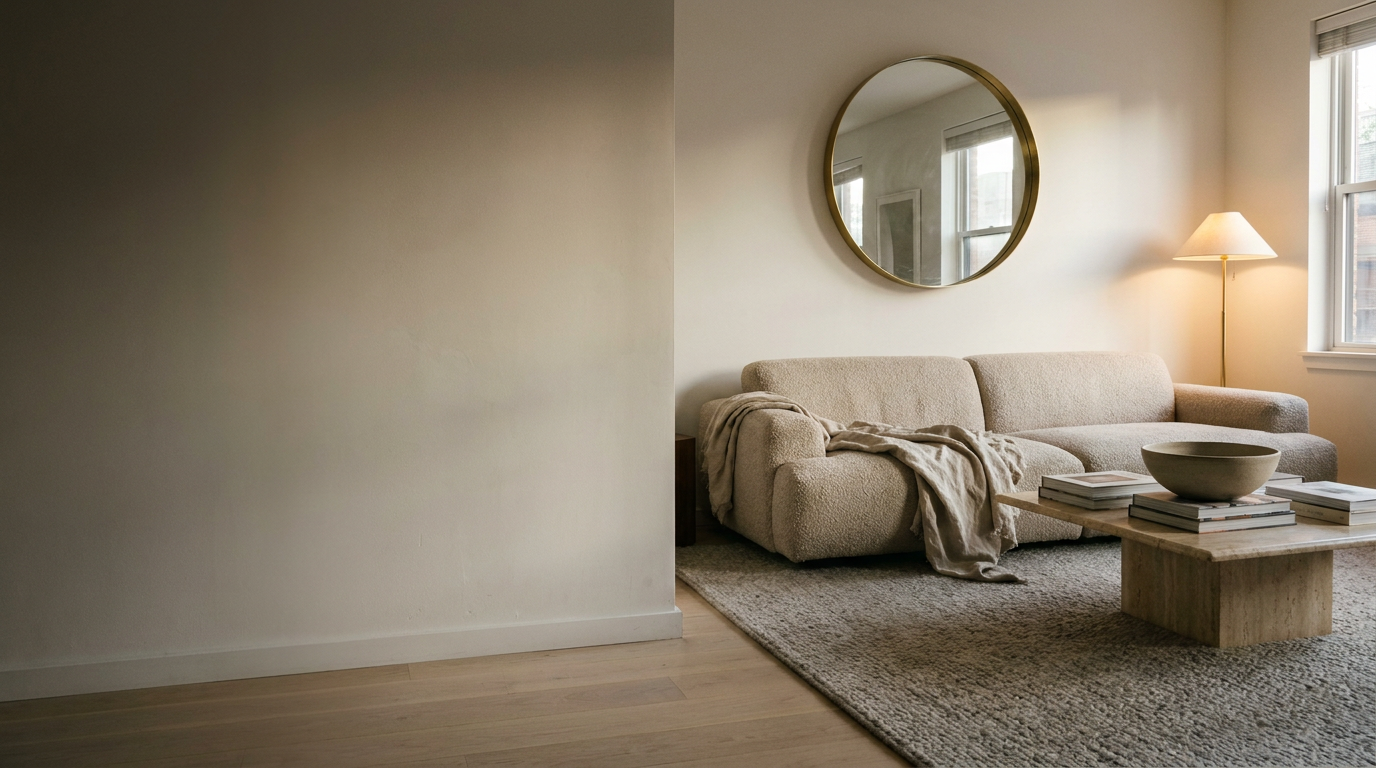 Warm living room with boucle sofa, travertine coffee table, brass floor lamp and round brass mirror