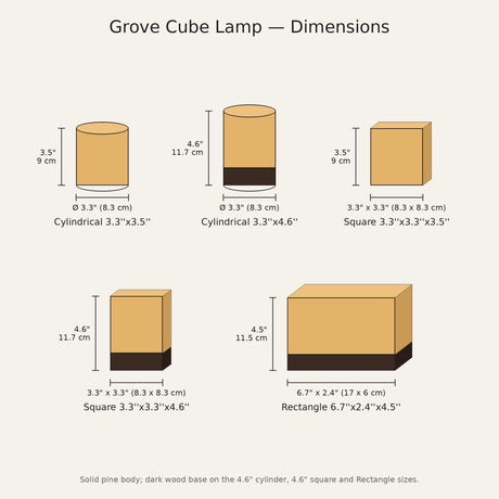 Grove Cube Lamp — dimensions diagram for all five sizes