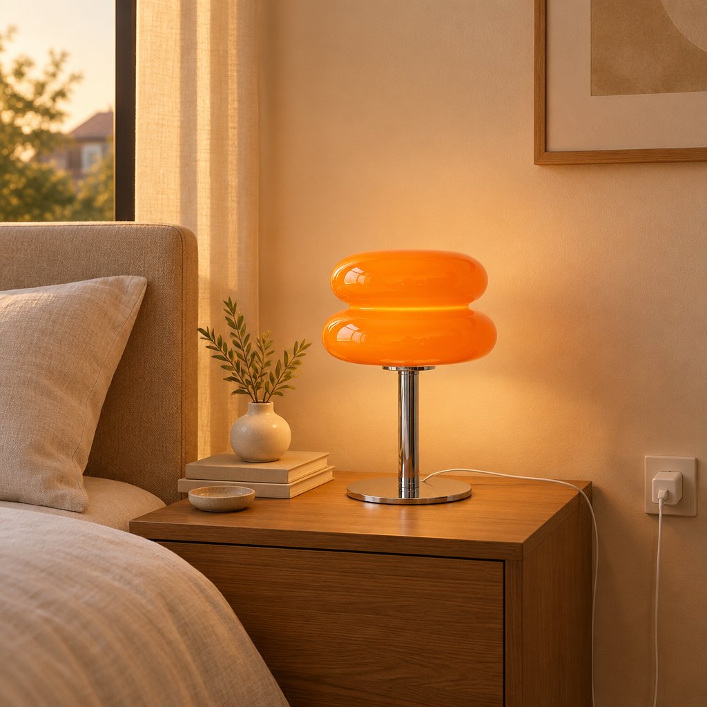 Amara Chrome & Glass Table Lamp — bedroom in early evening, lamp on