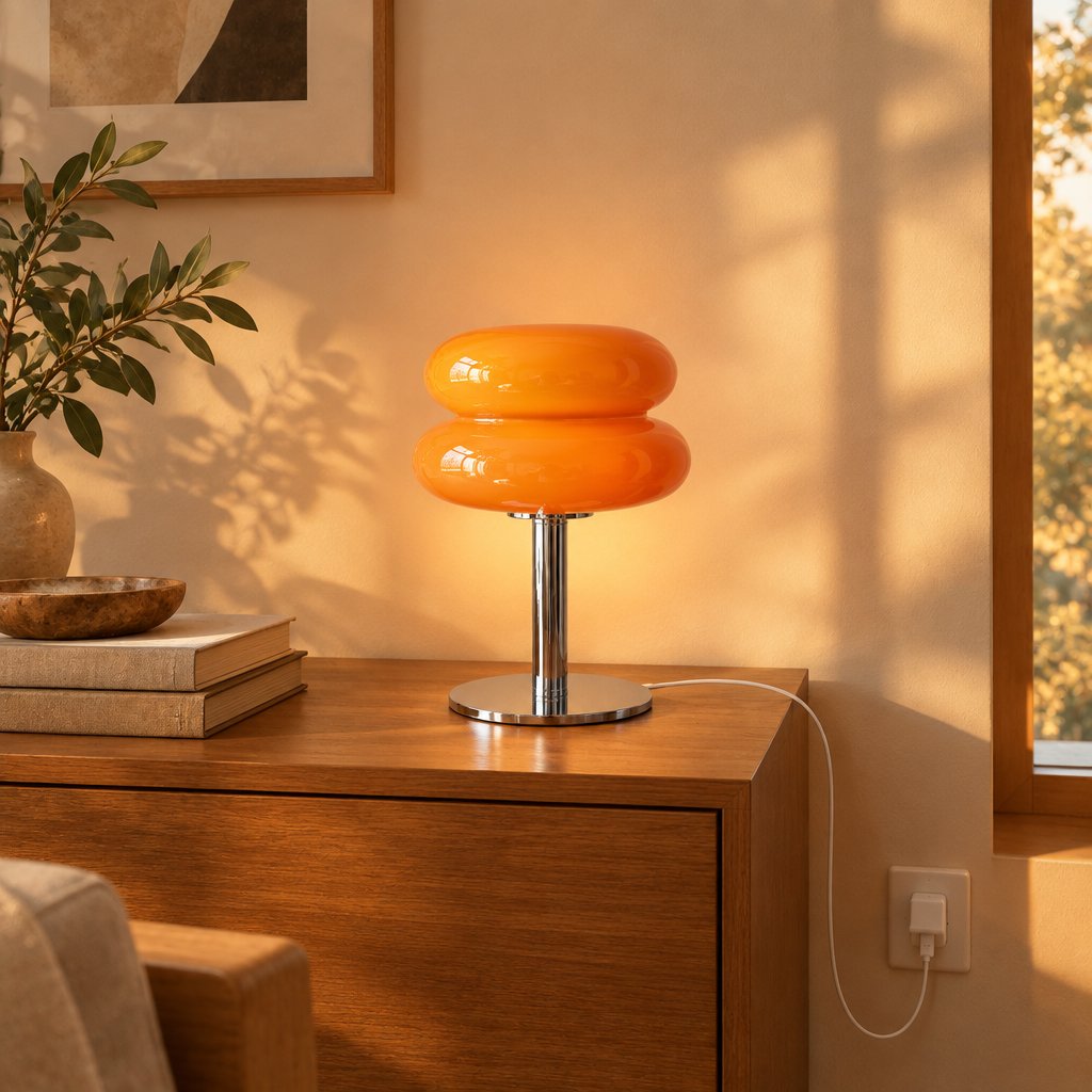 Amara Chrome & Glass Table Lamp — living room at golden hour, lamp on