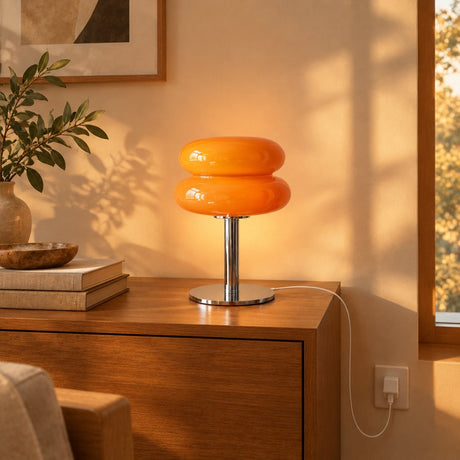 Amara Chrome & Glass Table Lamp — living room at golden hour, lamp on