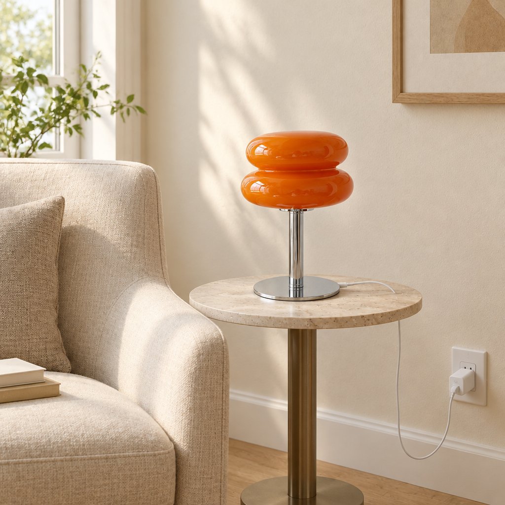Amara Chrome & Glass Table Lamp — reading corner in daylight, lamp off