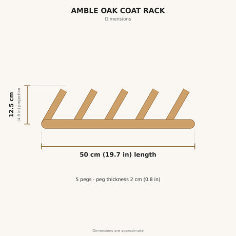 Amble Oak Coat Rack dimensions: 50 cm length, 12.5 cm projection, 5 pegs