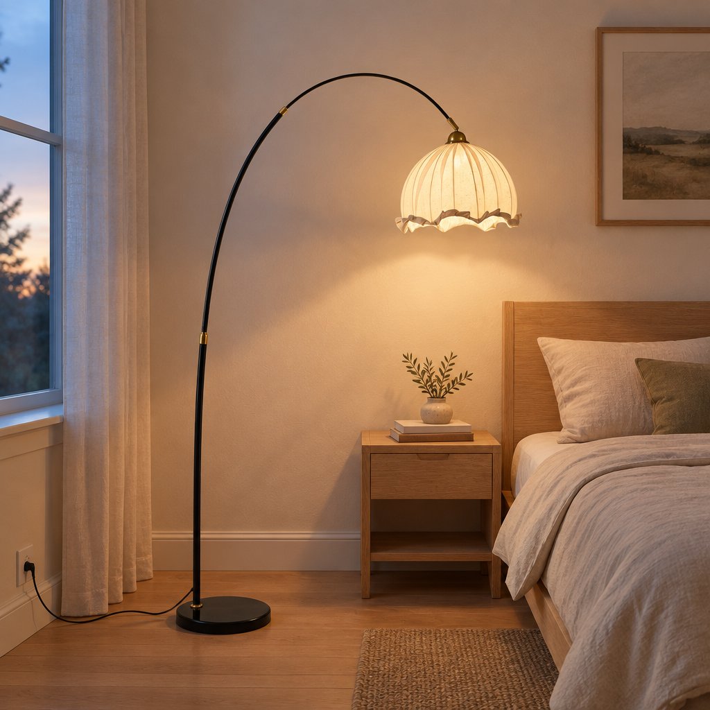Arden Arc Floor Lamp — bedroom in early evening, lamp on