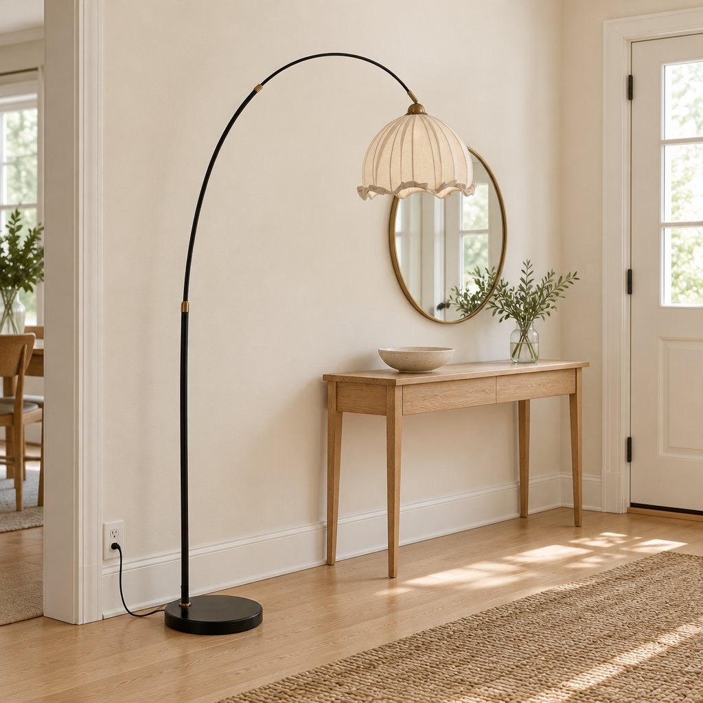 Arden Arc Floor Lamp — entryway in daylight, lamp off