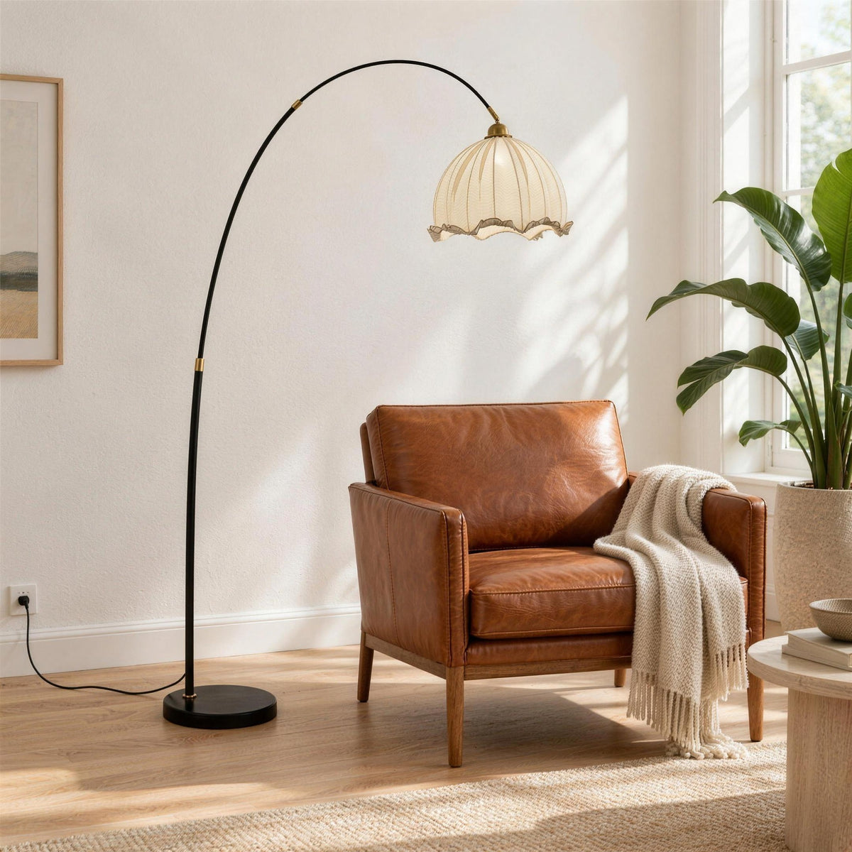 Arden Arc Floor Lamp — Beige & White, reading corner in daylight, lamp off