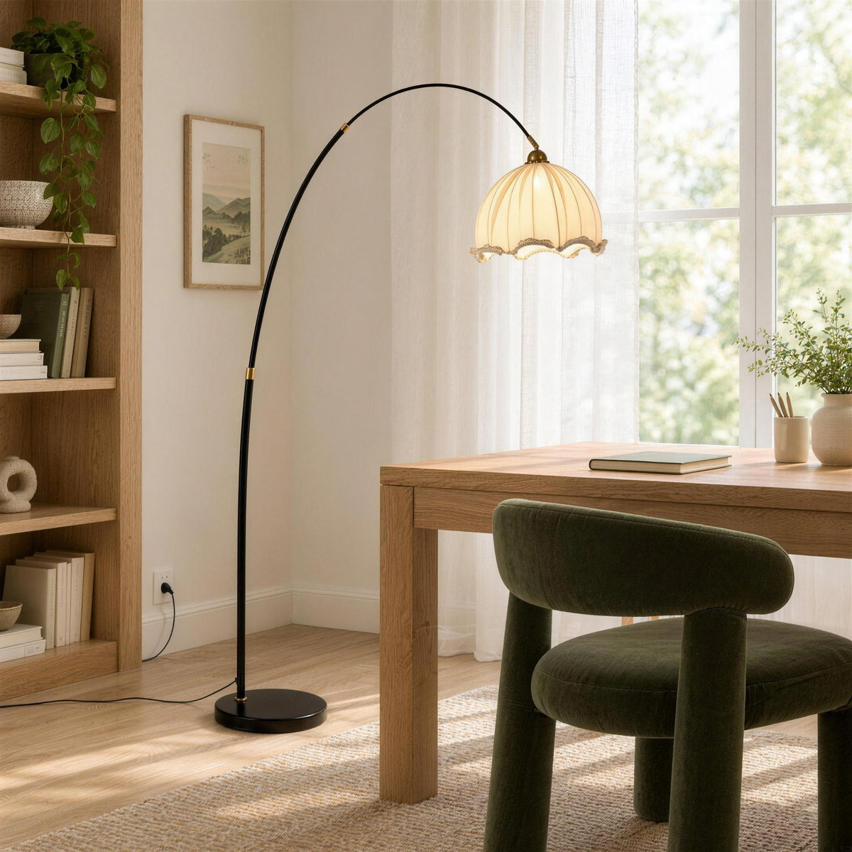 Arden Arc Floor Lamp — Black & Blue, study in daylight, lamp on