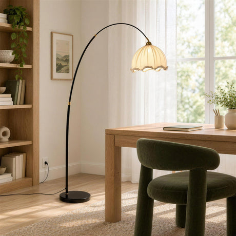 Arden Arc Floor Lamp — Black & Blue, study in daylight, lamp on