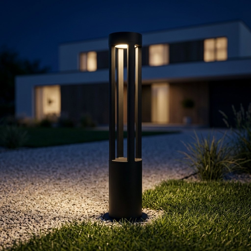 Tamsin Cylinder Bollard Light — beside a gravel driveway at night