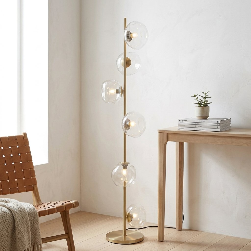 Auralis Glass Floor Lamp — Gold frame, Transparent glass in entryway setting